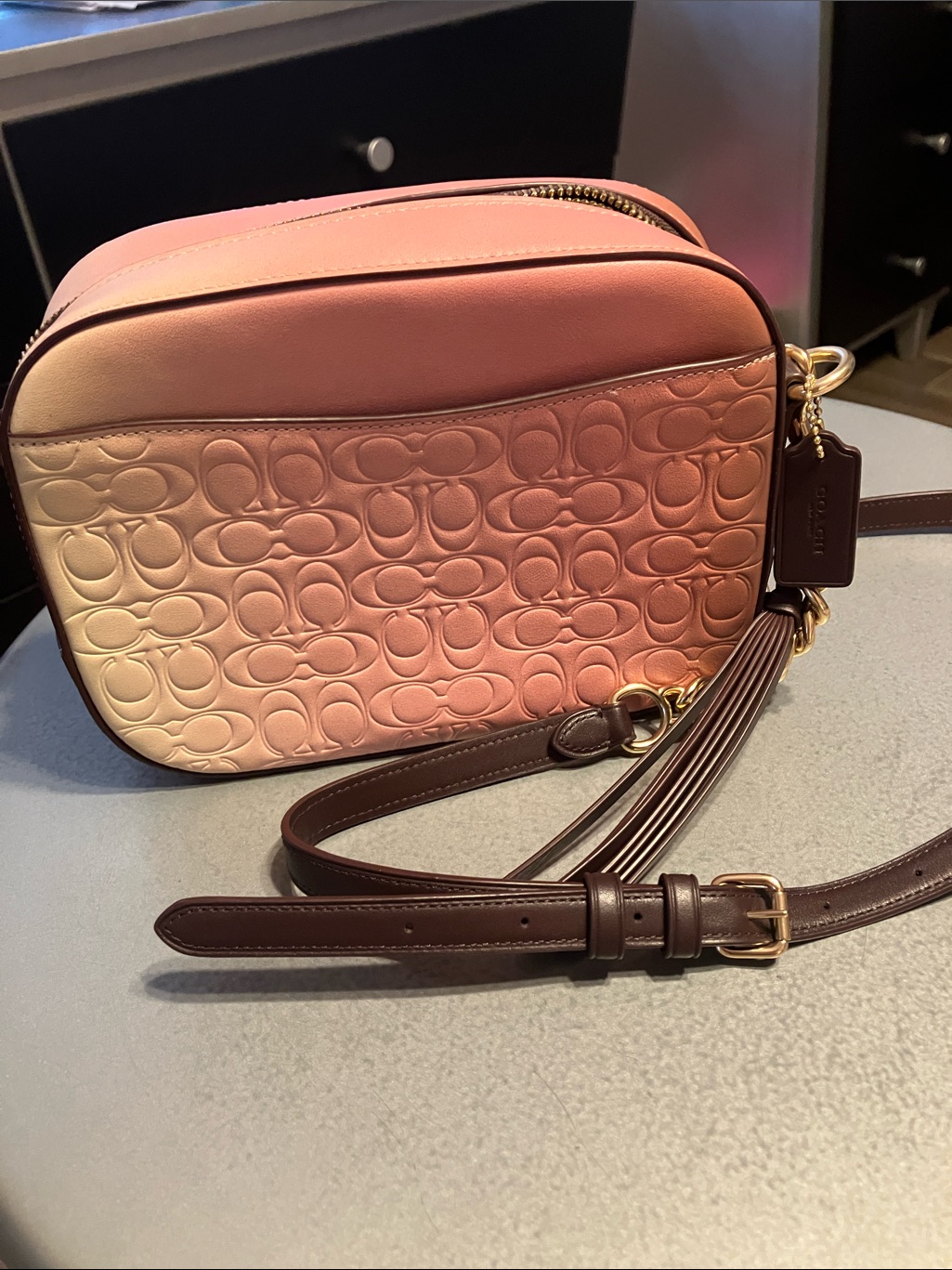 Coach Ombre Pink To Cream Signature Crossbody With Brown Strap